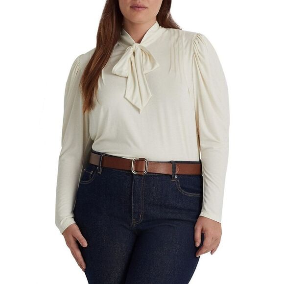 New! RALPH LAUREN Women's Pintuck Tie-Neck Jersey Top Blouse Size 1X Color Cream - Picture 1 of 7